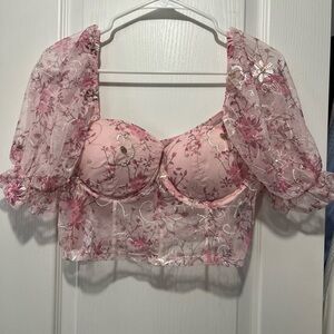 SHEIN Pink Floral Puff Sleeve Blouse